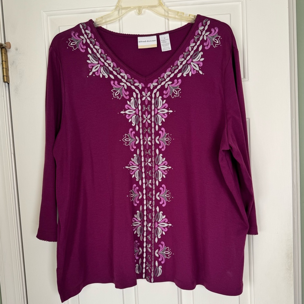 Alfred Dunner Magenta Embroidered Long Sleeve Top